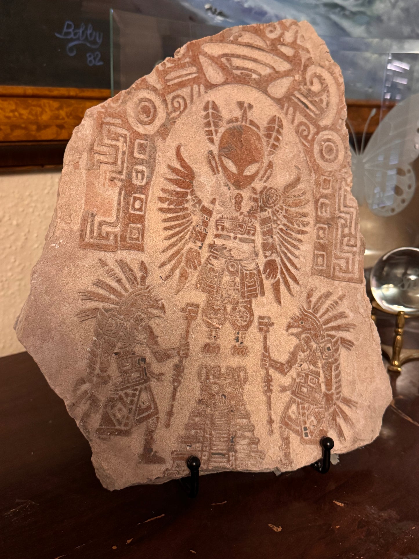 Aztec Alien Guardian” – Ancient Sandstone Bas Relief Sculpture | Mysterious Carved Artifact | 12x10"