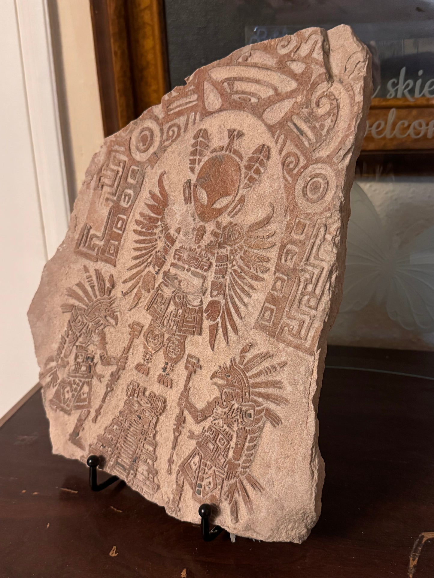 Aztec Alien Guardian” – Ancient Sandstone Bas Relief Sculpture | Mysterious Carved Artifact | 12x10"