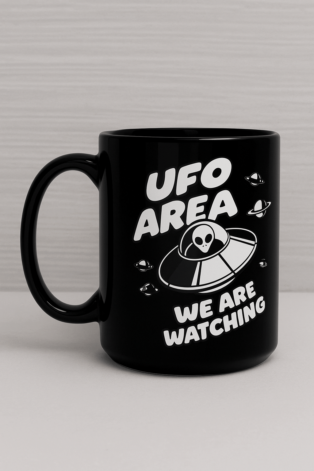 UFO Area “We Are Watching” Alien Coffee Mug – Funny Sci-Fi Black Ceramic Cup | Extraterrestrial Gift