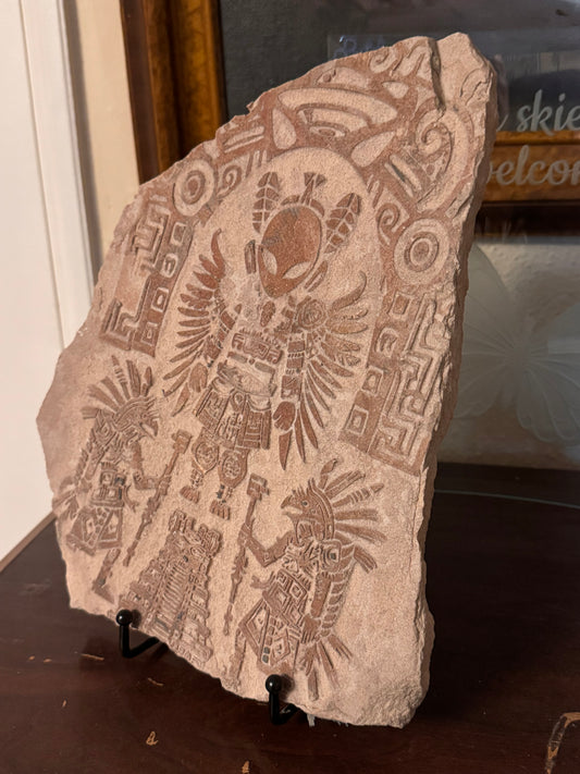 Aztec Alien Guardian” – Ancient Sandstone Bas Relief Sculpture | Mysterious Carved Artifact | 12x10"
