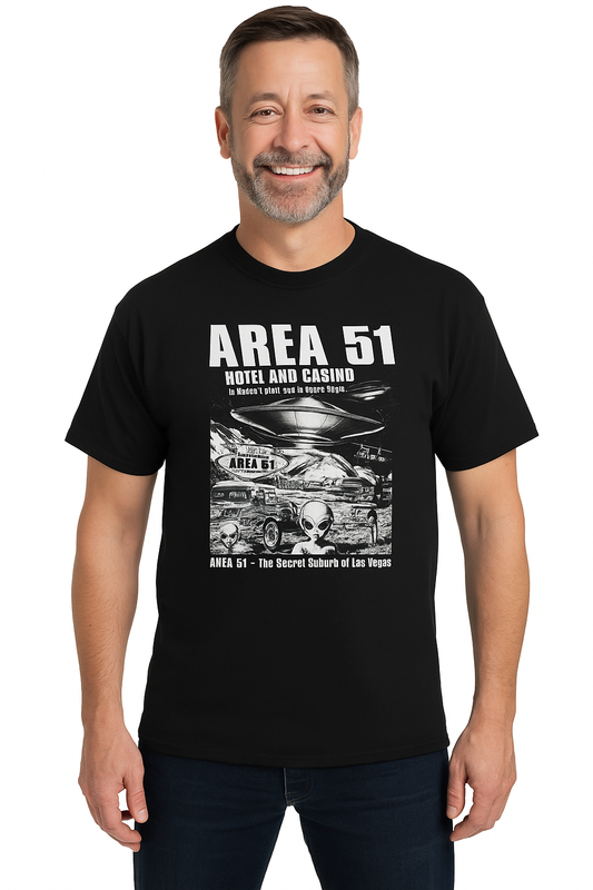 Area 51 Hotel and Casino T-Shirt, Alien UFO Nevada Graphic Tee | Funny Las Vegas Shirt, Extraterrestrial Gift for Him or Her