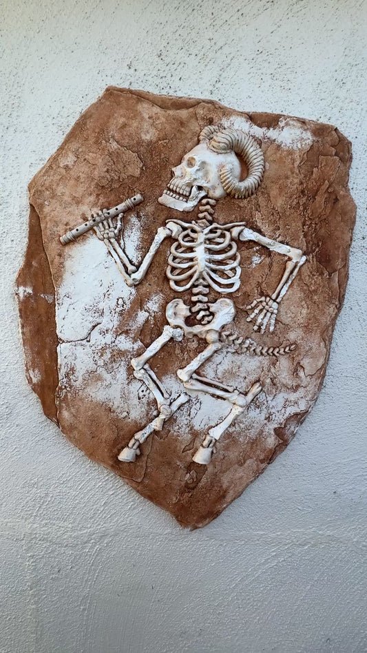 Pan Cryptid Fossil Wall Sculpture – Horned Skeleton Playing Flute | Area 51 Mythical Remains Art